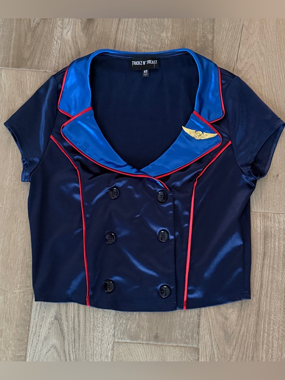 Trickz N’ Treatz Sexy Navy & Red Flight Attendant Halloween Costume Cropped Top